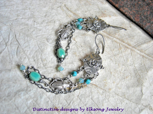 Elegant boho earrings with turquoise, sterling chain, chrysoprase & silver scarab charms.