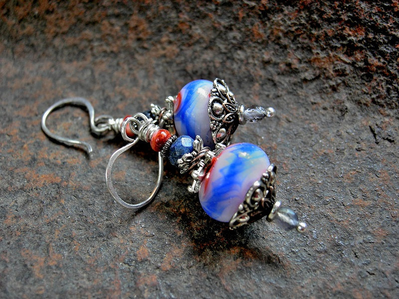 Bead stack earrings with handmade coral/white/blue lampwork glass beads, iolite, lapis & spiny oyster shell. Sterling ear wires. 