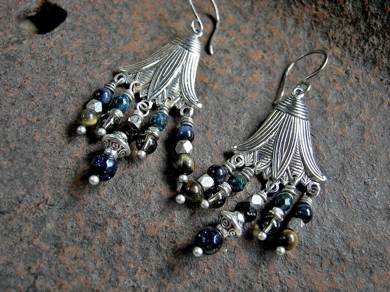 Boho luxe chandelier earrings with silver lotus flower hangers, black & brown gemstone, glass & silver beads. 