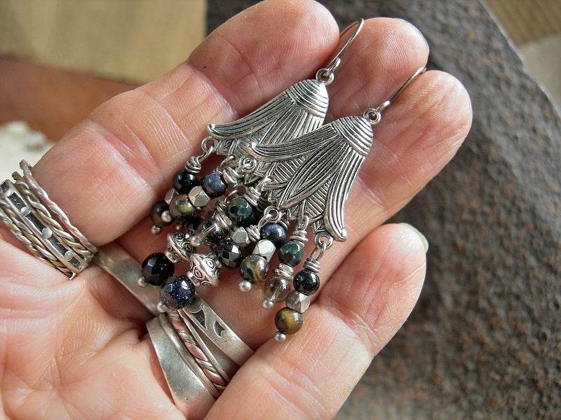 Boho gypsy chandelier earrings with silver lotus flower hangers, black & brown gemstone, glass & silver beads. 