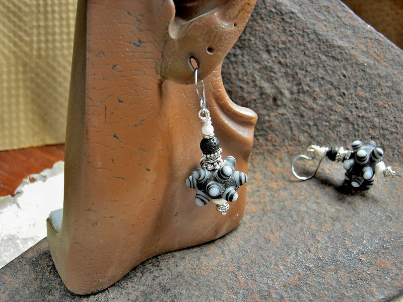 Basic black earrings with handmade ornate black & white lampwork glass bump beads, bone, lava stone & silver. 
