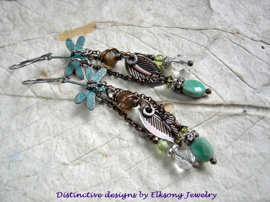Forest Pool earrings, chandelier style with verdigris dragonfly & copper leaf charms, chrysoprase, crystal, agate & peridot. 