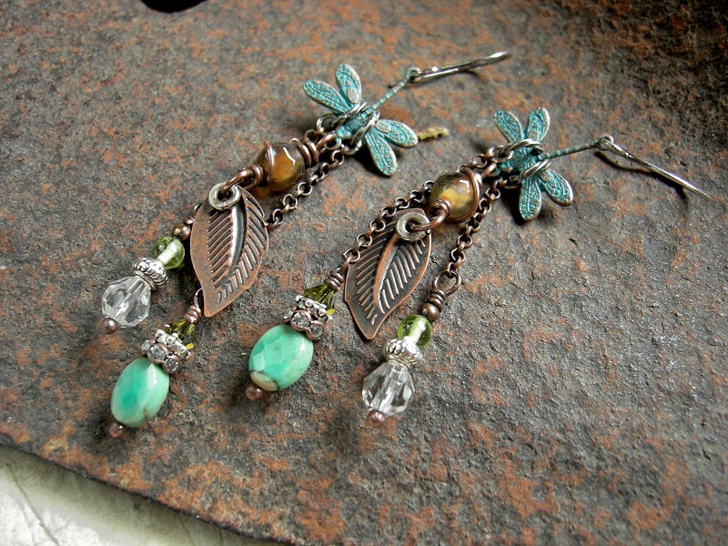 Earthy color chandelier style earrings with verdigris dragonfly & copper leaf charms, chrysoprase, crystal, agate & peridot. 