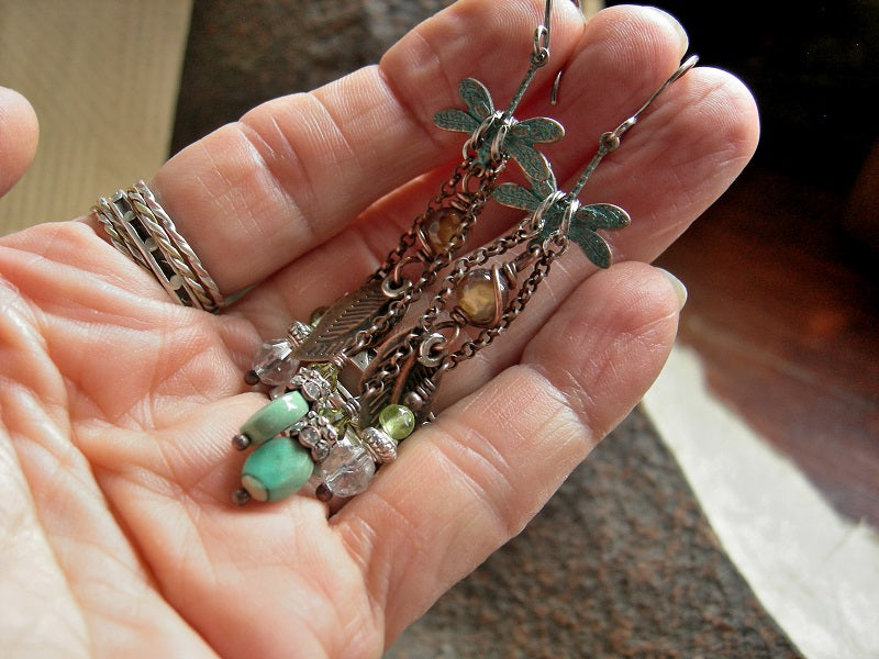 Boho luxe earrings, chandelier style with verdigris dragonfly & copper leaf charms, chrysoprase, crystal, agate & peridot. 
