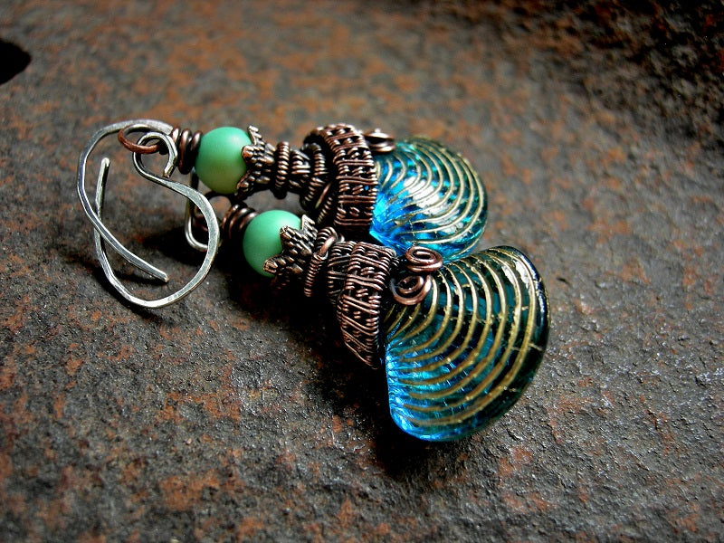 Transparent aqua shell earrings with Czech glass clamshell beads, chrysoprase & oxidized copper wire wrapping. 