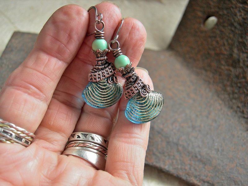 Boho luxe shell earrings with aqua Czech glass clamshell beads, chrysoprase & oxidized copper wire wrapping. 