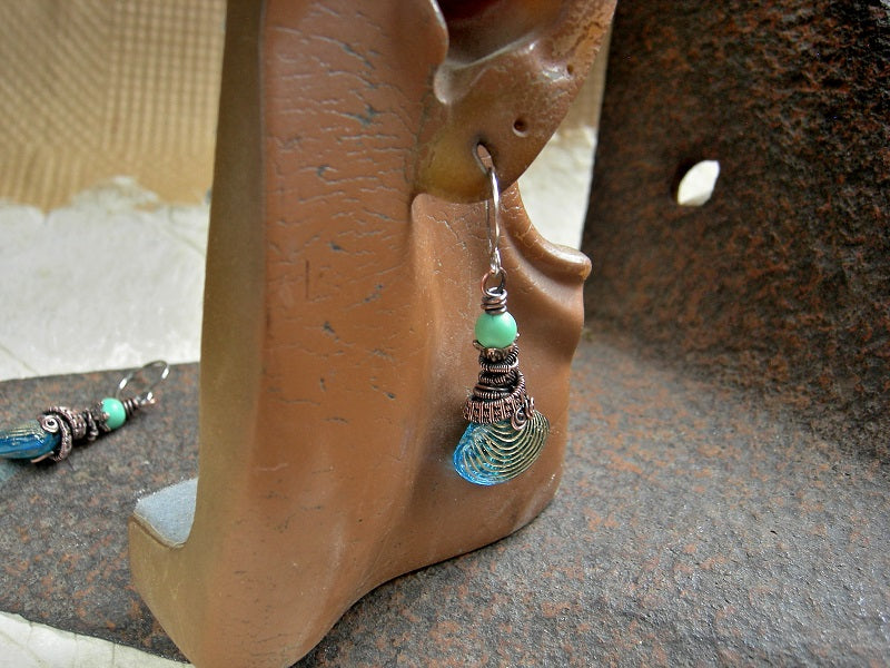 Aqua shell earrings with Czech glass clamshell beads, chrysoprase & oxidized copper wire wrapping. 