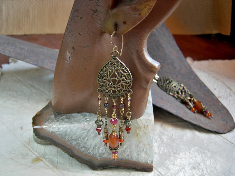 Hippy-gypsy chandelier earrings with antiqued brass & gold, garnet, carnelian & ruby. 14kt gf ear wires. 