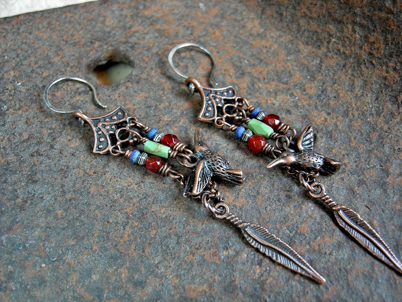 Chandelier style hummingbird earrings with colorful gemstone beads, copper hummingbird & feather charms, sterling ear wires. 