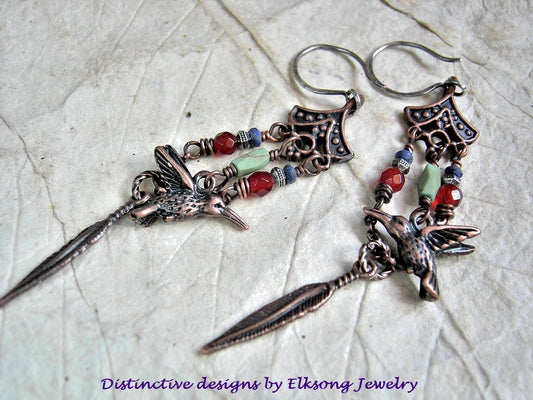 Autumn hummingbird earrings, chandelier style with colorful gemstone beads, copper hummingbird & feather charms, sterling ear wires. 