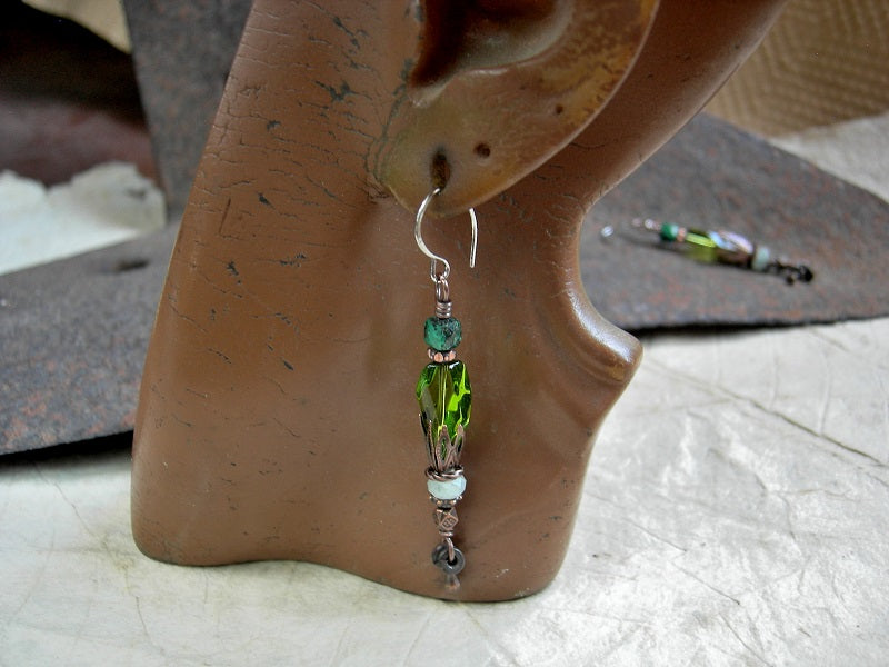 Sea green vintage glass & gemstone earrings with antiqued copper caps & beads. Rhodium ear wires. 