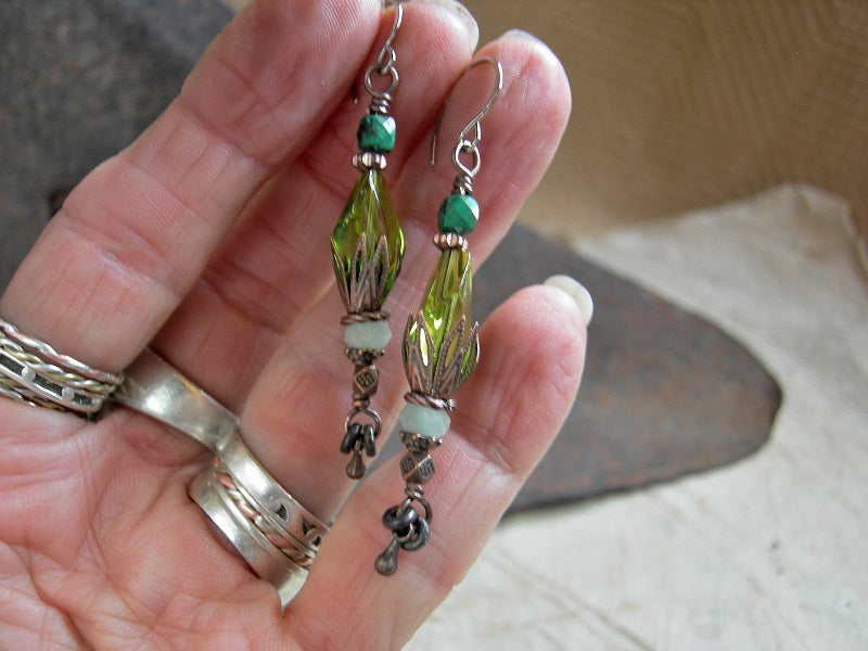 Vintage German glass & green gemstone earrings with antiqued copper caps & beads. Rhodium ear wires. 