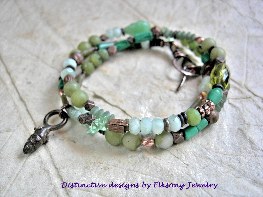 Sea of Green asymmetrical wrap bracelet/necklace with green gemstone beads, copper heishi & beads and handmade copper toggle clasp. 
