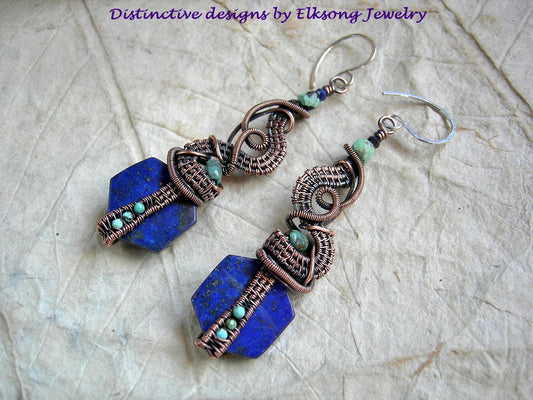 Deep Blue gemstone statement earrings with copper wire wrap, lapis & turquoise. 
