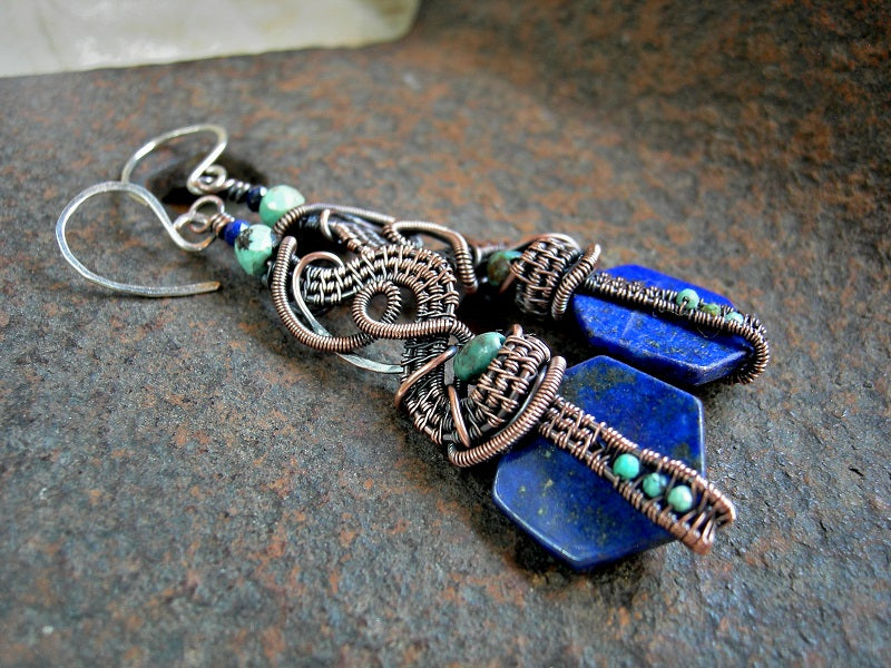 Boho luxe blue gemstone statement earrings with copper wire wrap, lapis & turquoise. 