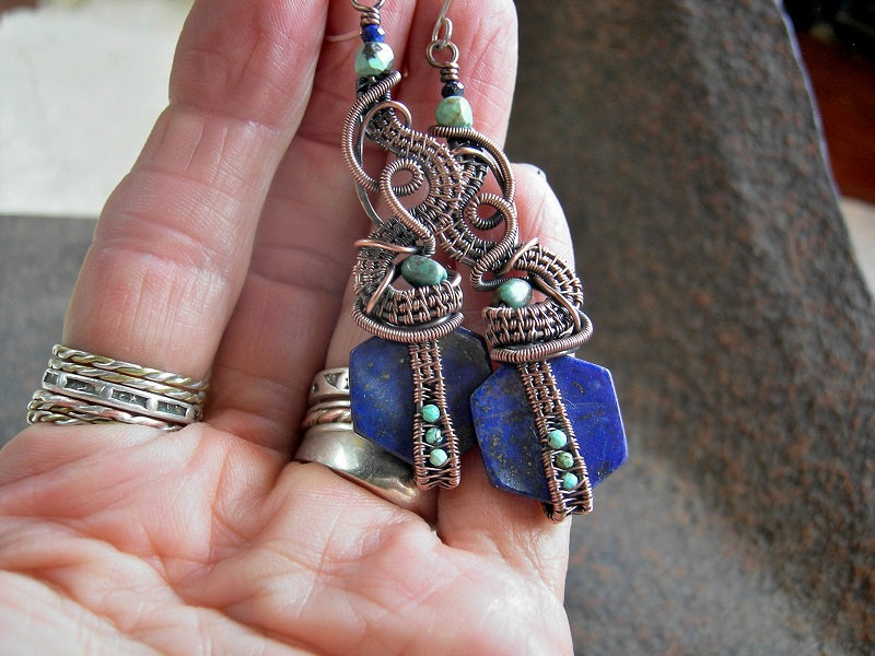 Statement earrings with oxidized copper wire wrap, lapis & turquoise. 