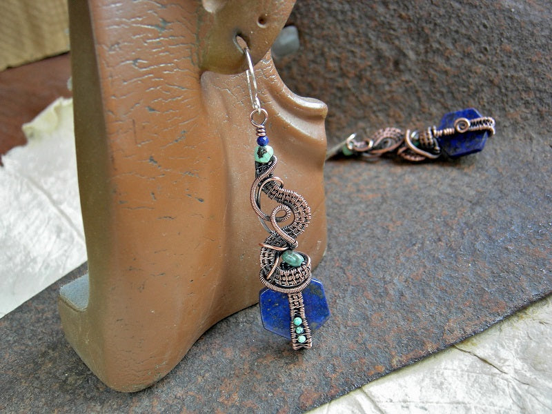Handmade blue gemstone statement earrings with copper wire wrap, lapis & turquoise. 