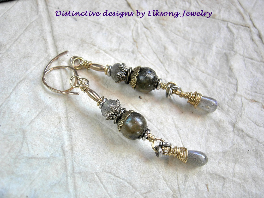 Golden labradorite earrings with smooth & faceted gemstone beads, 14kt gold filled beads and ear wires & red brass wire wrap. 