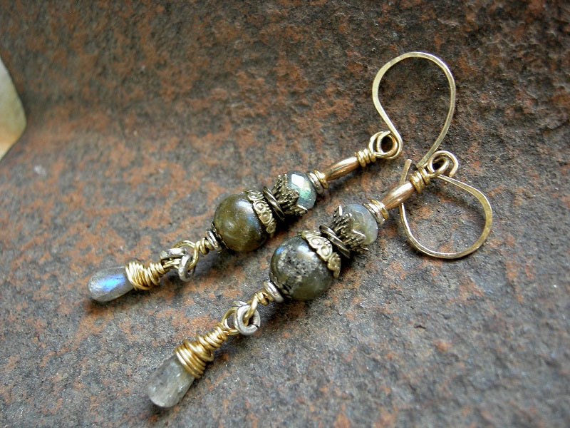 Elegant drop earrings with smooth & faceted labradorite beads, 14kt gold filled beads and ear wires & red brass wire wrap. 