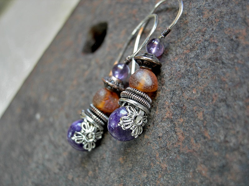 Boho luxe amethyst, golden amber & purple lepidolite earrings, hand formed sterling ear wires, copper wire wrap.