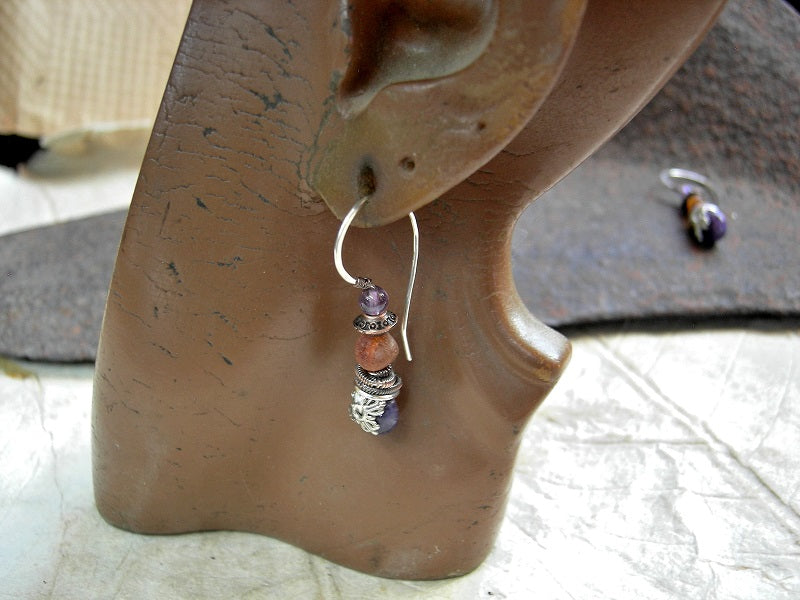 Purple gemstone & golden amber beads earrings, hand formed sterling ear wires, copper wire wrap.