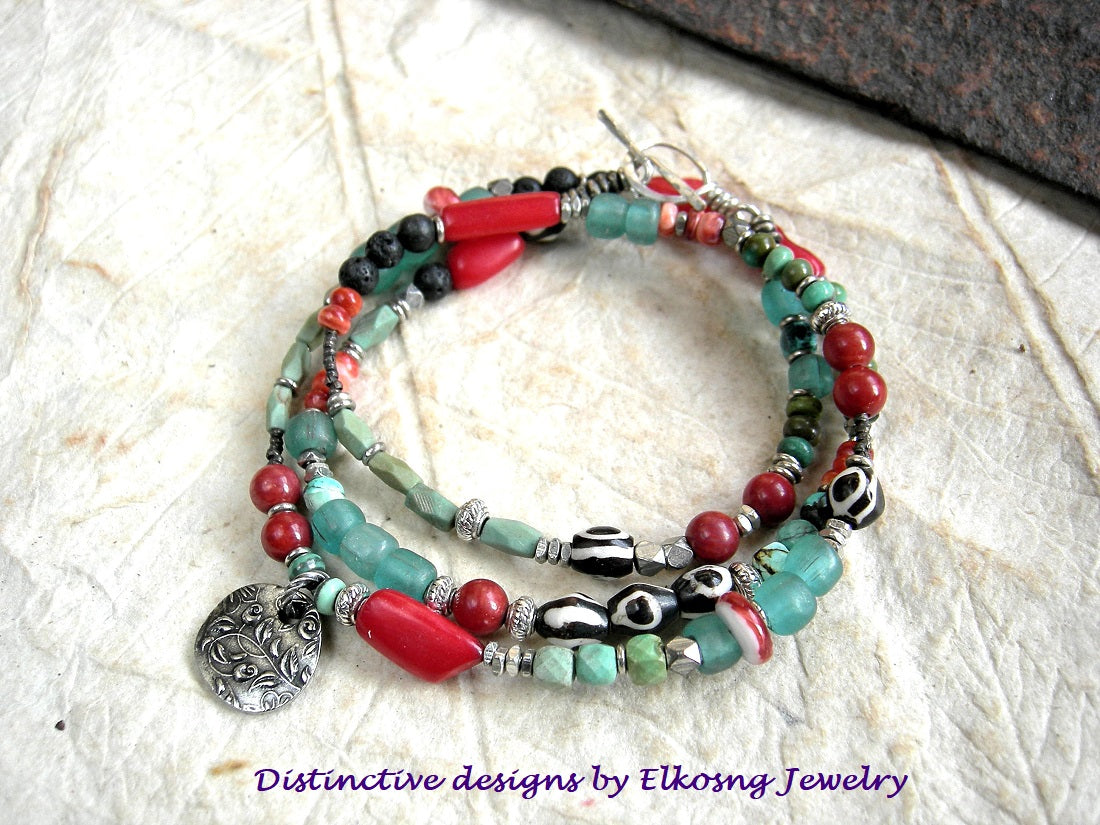 Unique & colorful, coral & turquoise necklace or wrap bracelet. Genuine gemstone beads, vintage Java glass & silver details. 
