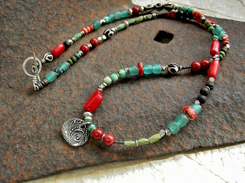 Boho luxe coral & turquoise necklace/wrap bracelet. Genuine gemstone, bone & silver beads, sterling toggle. 