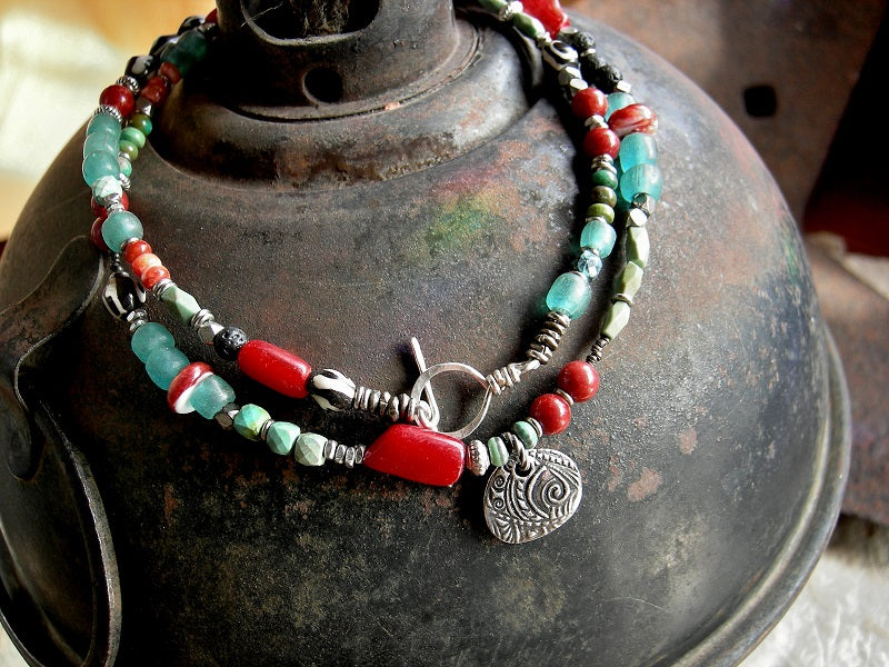 Unique & colorful coral & turquoise necklace/wrap bracelet. Genuine gemstone, bone, glass & silver beads, sterling toggle. 