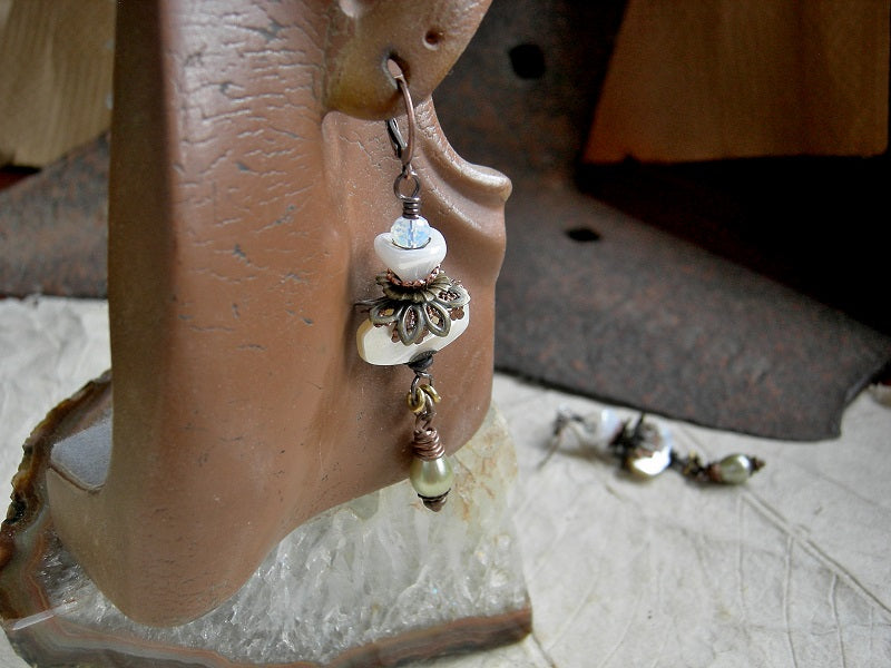 Ice Flower earrings, long drops with glass flowers, mother of pearl, faceted crystal, glass drops & filigree. 