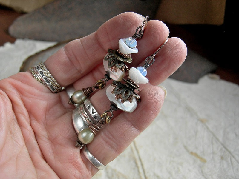 Vintage style earrings, long drops with white glass flowers, mother of pearl, faceted crystal, glass drops & filigree. 