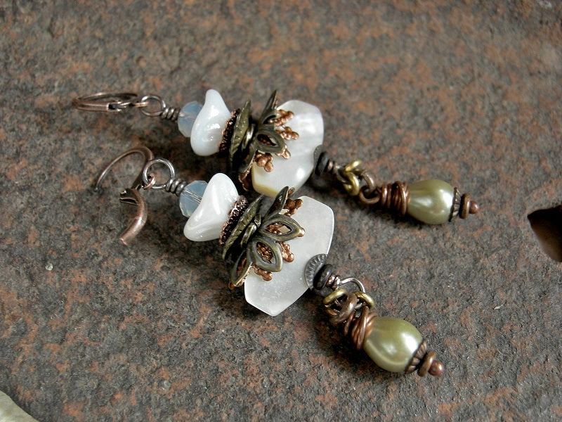 Long drop earrings, with white glass flowers, mother of pearl, faceted crystal, glass drops & filigree. 