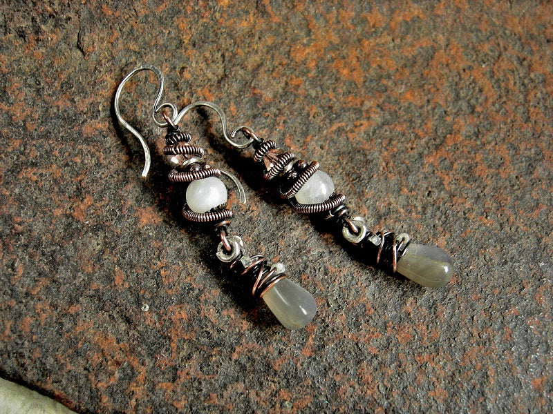Copper wire wrap earrings in neutral colors, white & grey moonstone, pale pink Swarovski crystals. 