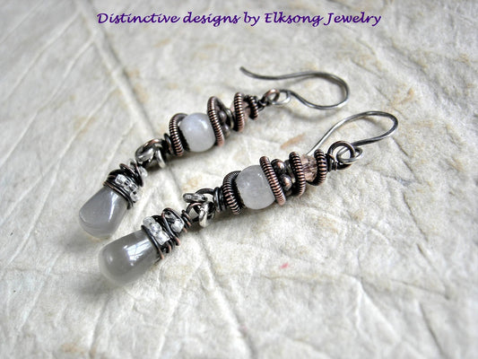 Moonstone & copper wire wrap earrings, neutral colors, white & grey stone, pale pink Swarovski crystals. 