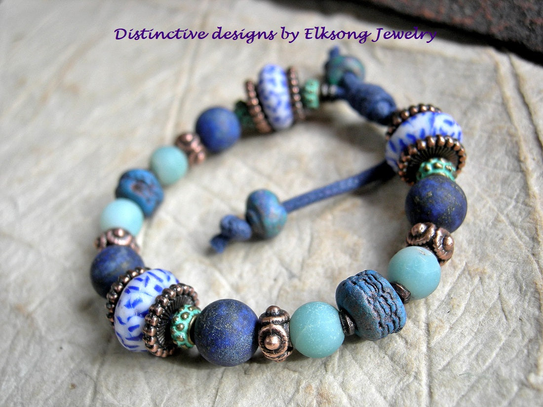 Blue Mood adjustable slider bracelet with lapis, amazonite, copper, glass & ceramic beads. 
