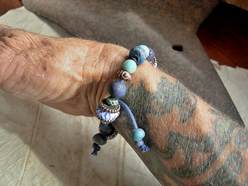 Blue Mood adjustable slider bracelet with lapis, amazonite, copper, glass & ceramic beads. 