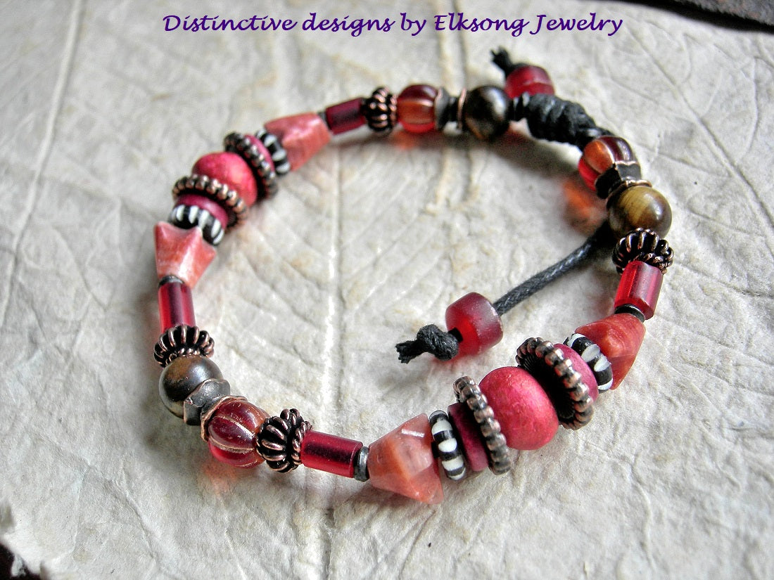 Fire Walk adjustable sliding knot bracelet with tiger eye, red onyx, orange Czech glass beads, red African glass & copper. 
