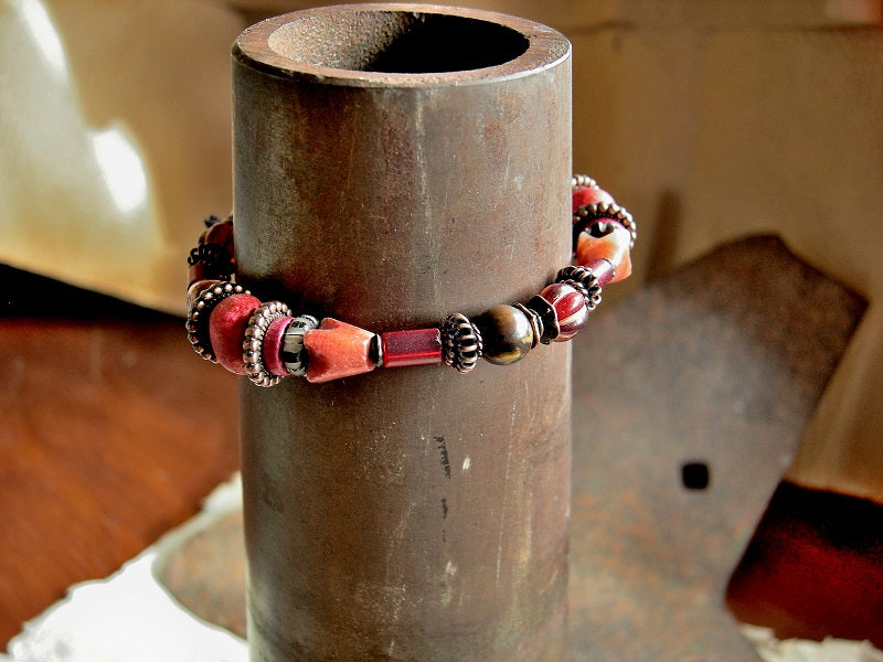 Fire Walk adjustable sliding knot bracelet with tiger eye, red onyx, orange Czech glass beads, red African glass & copper. 
