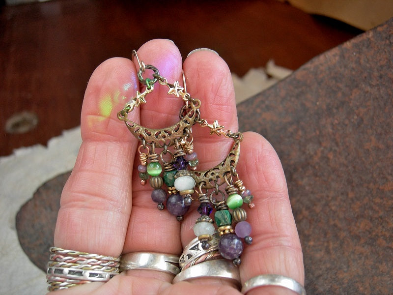 Purple & green gemstone chandelier earrings with glass & brass beads. Crescent moon & star connectors, 14kt gold ear wires. 