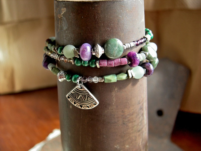 Purple & green asymmetrical wrap bracelet/necklace, strung gemstone, silver & glass beads, silver details. 