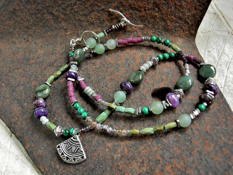 Boho luxe asymmetrical wrap bracelet/necklace, strung purple & green gemstone & glass beads, silver details. 