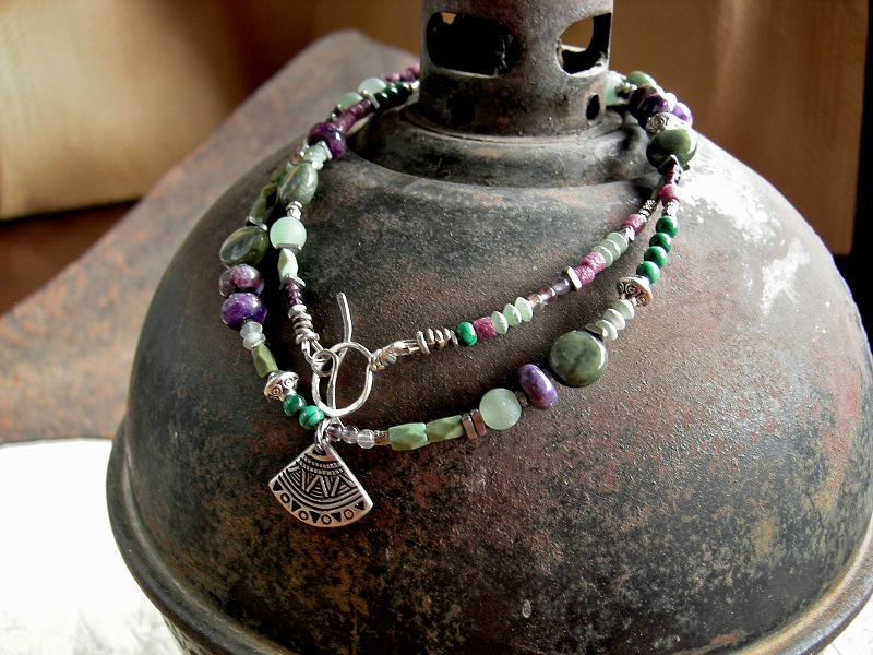 Wrap bracelet or necklace, with strung purple & green gemstone & glass beads, silver details. 