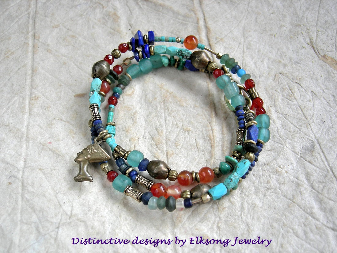 Nile Sunset wrap bracelet/necklace with turquoise, lapis & carnelian, vintage & ancient glass, brass Nefetari charm, beads & spacers. 