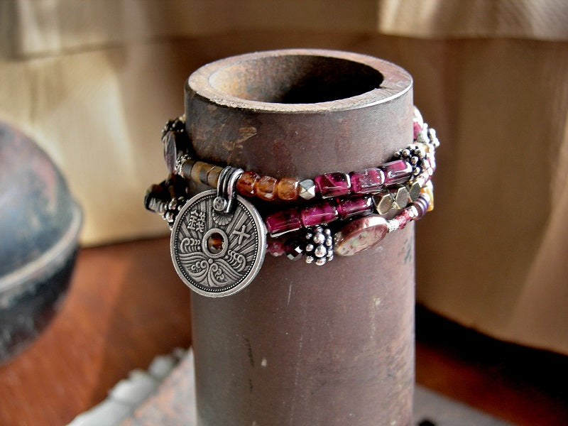 Wrap around bracelet/necklace with orange, gold & red gemstone, silver coin focal & details, handmade toggle clasp. 
