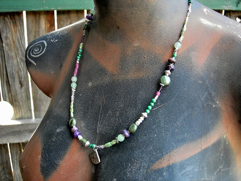Vineyards asymmetrical wrap bracelet/necklace, strung purple & green gemstone & glass beads, silver details. 