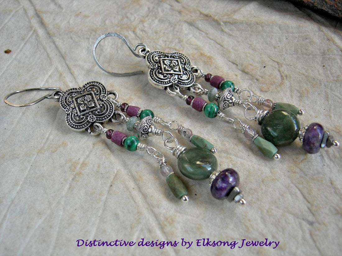 Vintage style chandelier earrings with purple & green gemstone beads, ethnic glass beads & silver Moroccan style hangers. 