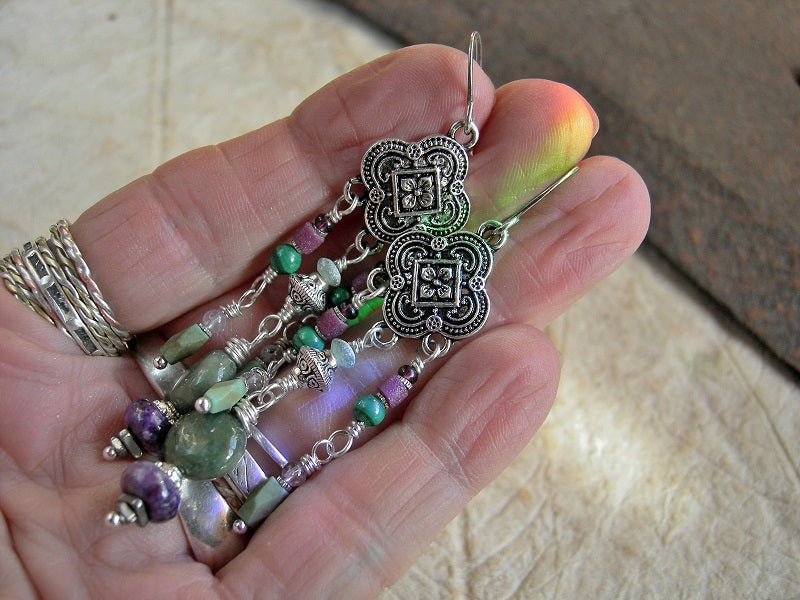 Purple & green chandelier earrings with gemstone beads & ethnic glass beads & silver Moroccan style hangers. 