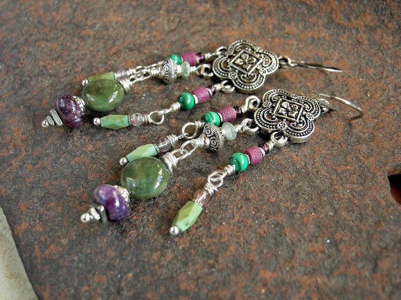 Oxidized Sterling silver earrings with green stone, discount chandelier earrings