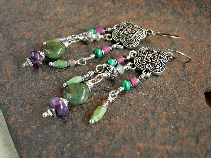 Boho luxe chandelier earrings with purple & green gemstone beads, ethnic glass beads & silver Moroccan style hangers. 