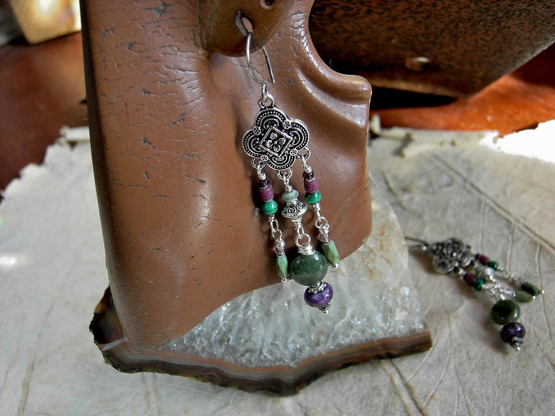 Vintage style chandelier earrings with purple & green gemstone beads, ethnic glass beads & silver Moroccan style hangers. 