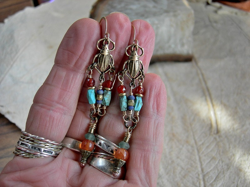 Boho luxe earrings with golden scarab charms,  turquoise, lapis, carnelian, ancient Roman glass, gold & brass